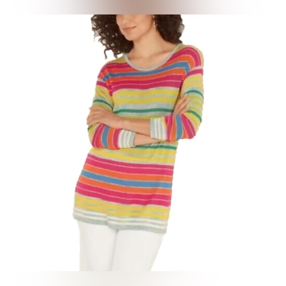 Soft surroundings light knit color stripes print sweater, top long sleeve XS